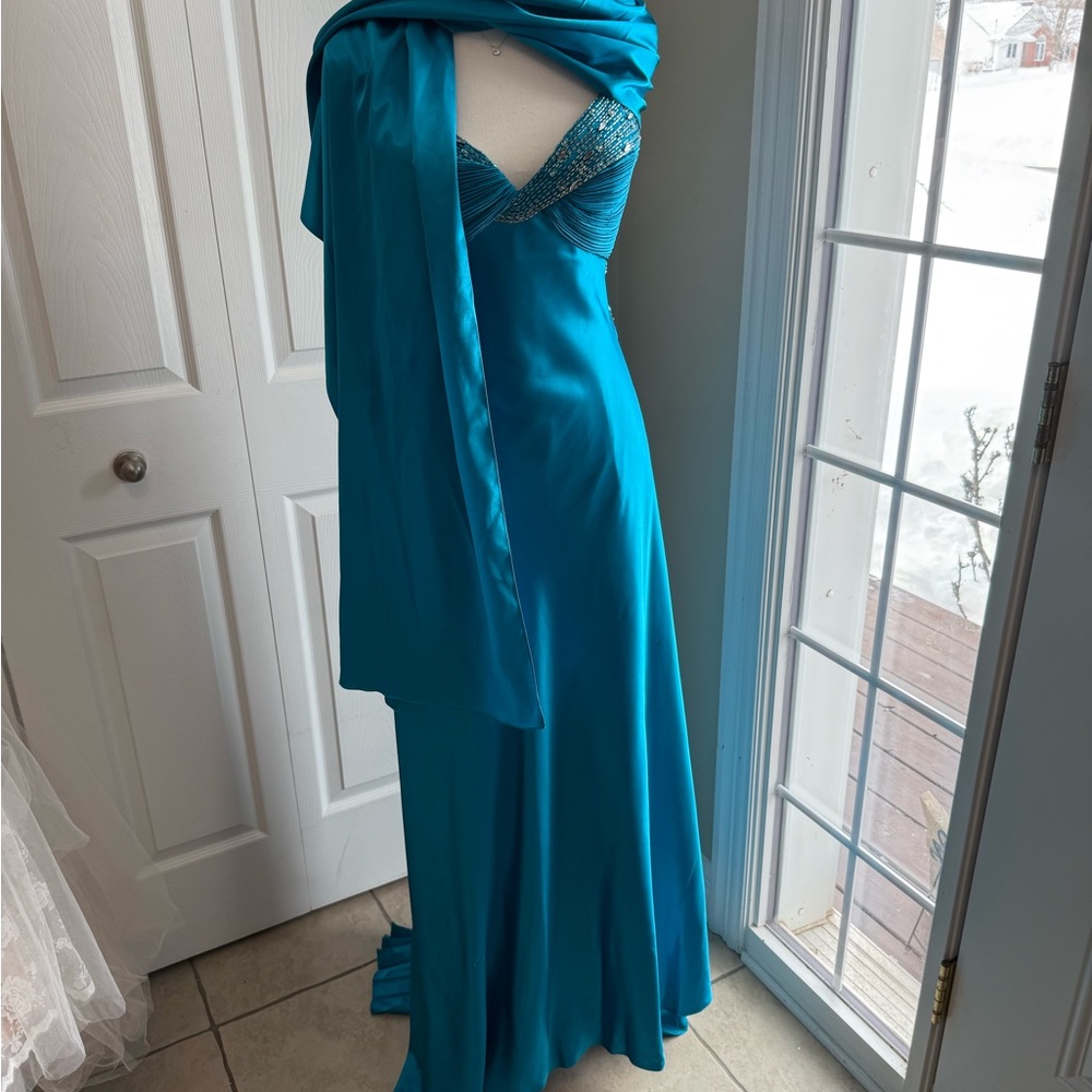 Tony Bowls Teal Strapless Beaded Evening Gown with Shawl